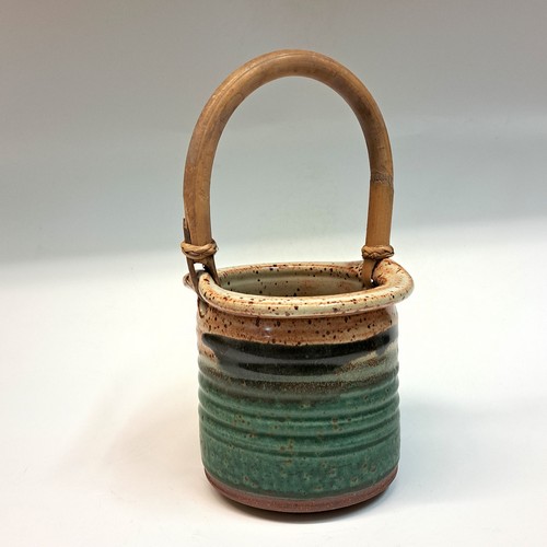#231025 Basket, Green/Tan with Wooden Handle $18 at Hunter Wolff Gallery